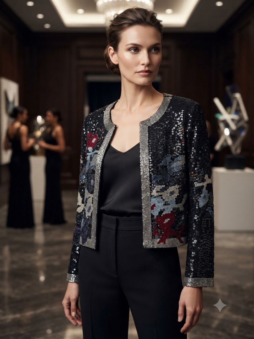 NWT La Bellum Hillary Scott Sequin Beaded Floral Jacket Black Medium